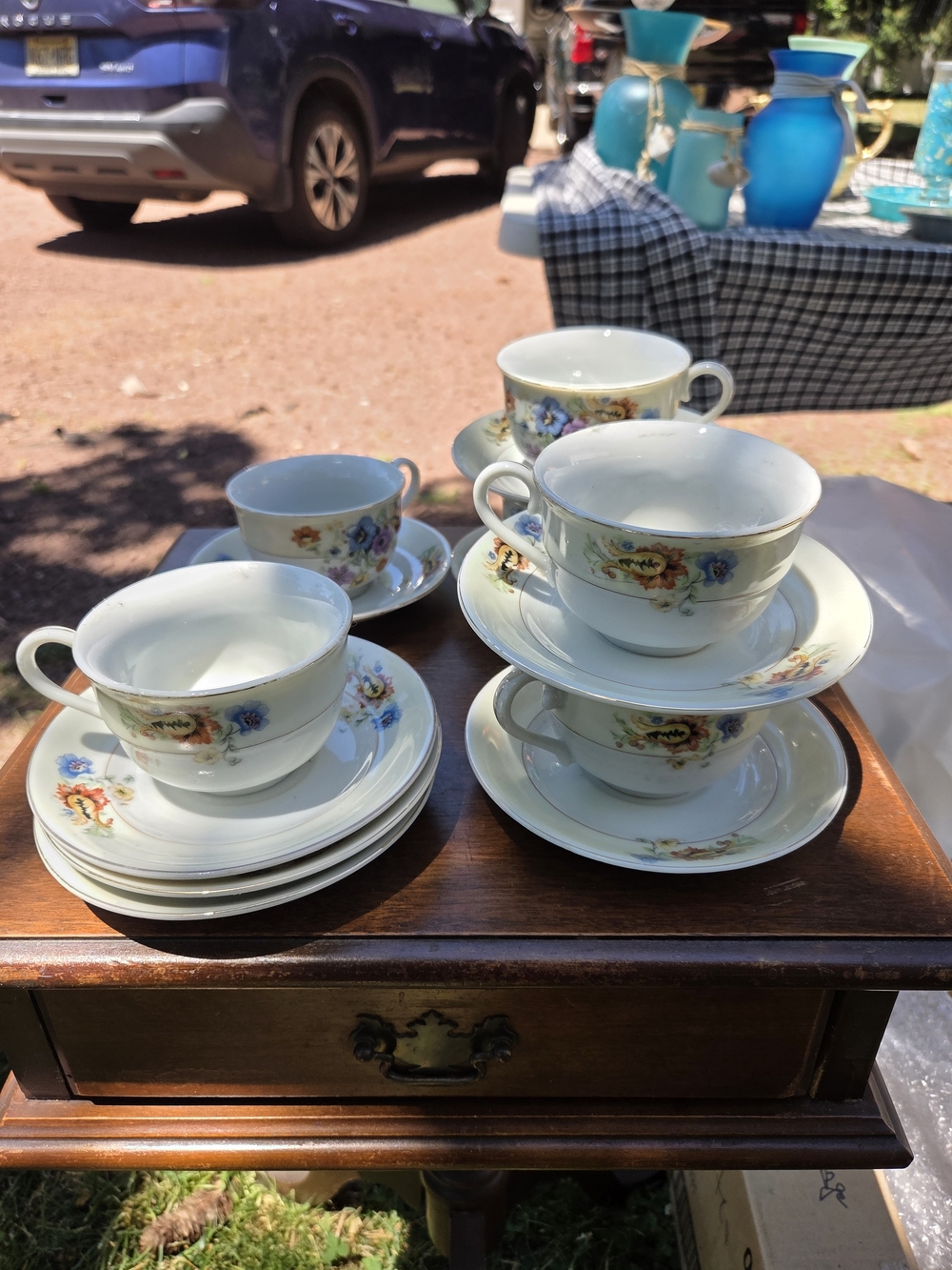 Floral Porcelain Tea Cup & Saucer Set - White with Multicolor Floral Trim